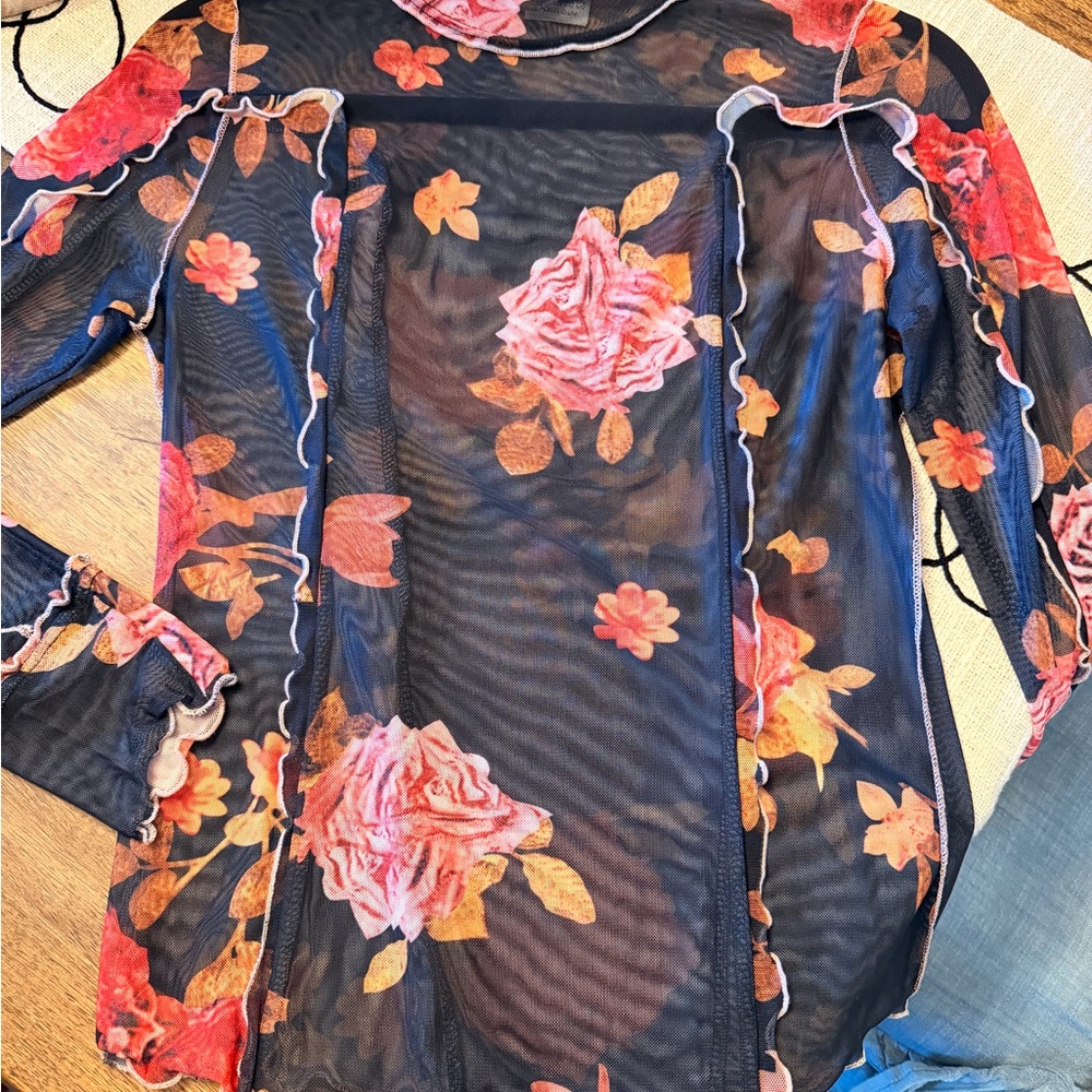 Floral Black Sheer Mock Turtleneck Top - Picture 6 of 7
